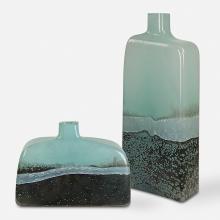  18096 - Uttermost Fuze Aqua & Bronze Vases, Set of 2